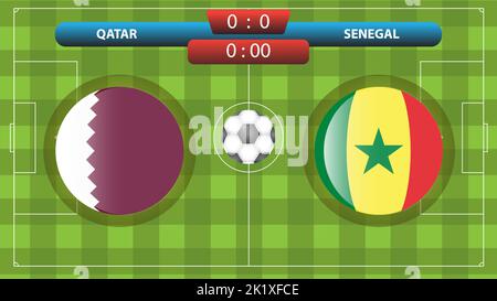 Vorlage für die Anzeigetafel Katar vs Senegal für den Fußballwettbewerb. Vektorgrafik. Sportvorlage. Stock Vektor