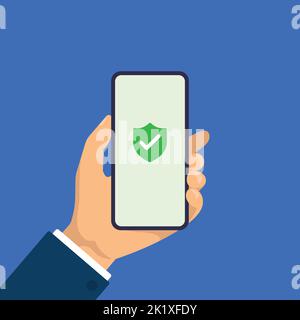 Green Shield auf dem Smartphone-Bildschirm. Die Hand hält das Smartphone. Moderne flache Design-Illustration. Stock Vektor