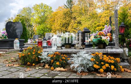 Mazowieckie, Polen - 10. Oktober 2019: Blumen auf Gräbern. Friedhof vor Allerheiligen. Erinnern an die Toten. Stockfoto