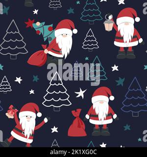 Niedliches Weihnachtsmuster mit Weihnachtsmann, Weihnachtsbäumen und Geschenk. Nahtloses Muster. Stock Vektor