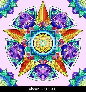 Sternförmiges Mandala mit Blattmuster in einer Mischung aus Farben, gelb, grün, orange, blau, Violett und Rosa Stockfoto