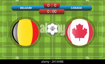 Vorlage für die Anzeigetafel Belgien vs. Kanada für den Fußballwettbewerb. Vektorgrafik. Sportvorlage. Stock Vektor