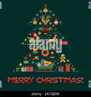 Pixel Art Frohe Weihnachtsdruck oder Grußkarte Stock Vektor