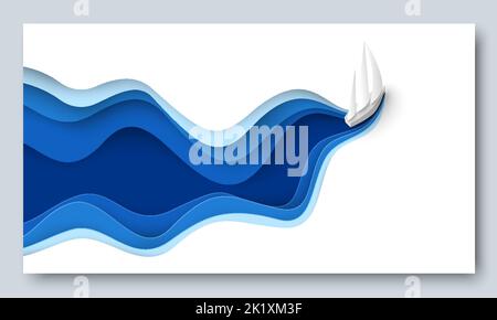 Papier geschnitten Segelboot über Meereswellen-Vektor Stock Vektor