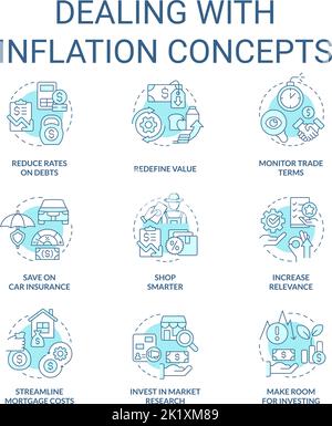 Umgang mit Inflation türkis Konzept Symbole gesetzt Stock Vektor