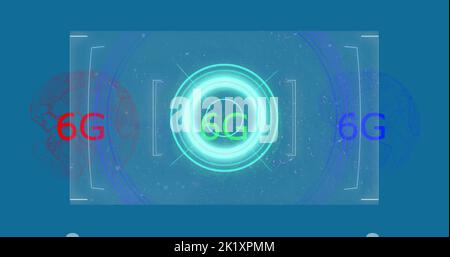 Abbildung des Scannens von über 6g Text und Globus auf blauem Hintergrund Stockfoto