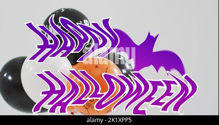 Bild von halloween Text über Luftballons und Fledermaus auf grauem Hintergrund Stockfoto