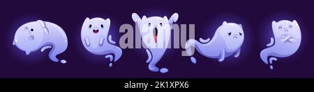 Niedliche Geister, Cartoon Halloween-Figuren gesetzt. Lustige Ohren Spuk Kreatur Emotionen. Gruselige Geister, lächeln, schlafen, arrogant, erschrecken vor blutendem Mund. Entzückende Fantasy Vektor Monster Persönlichkeiten Stock Vektor