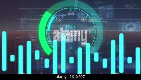 Bild der Datenverarbeitung über Tachometer Stockfoto