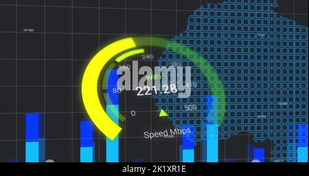 Bild der Datenverarbeitung und Weltkarte über Tachometer Stockfoto