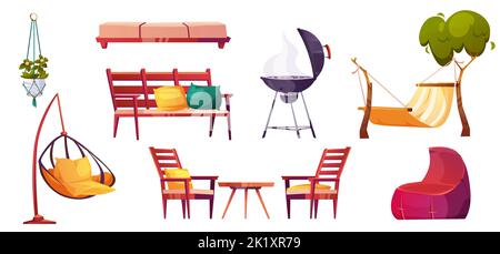 Garten oder Terrasse Möbel zum Entspannen und Kochen Grill für bbq. Gartenbank, Hängematte, Sitzsack, Tisch, Baum und Hängesessel isoliert auf weißem Hintergrund, Vektor-Cartoon-Set Stock Vektor