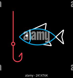 Angelhaken mit Fischvektor isoliert auf schwarzem Hintergrund-Symbol. Camping- und Wanderzeichen. Graph-Symbol für Reise- und Tourismus-Website und Apps-Design Stock Vektor