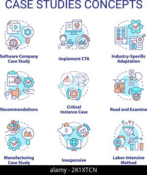 Symbole für das Konzept von Fallstudien gesetzt Stock Vektor