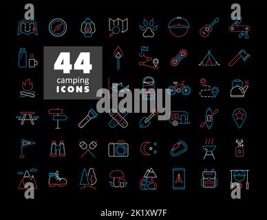 Camping, Wandern, Natur und Outdoor-Aktivitäten isoliert auf schwarzem Hintergrund Symbole gesetzt. Graph Symbol für Reise-und Tourismus-Website und Apps Design, l Stock Vektor
