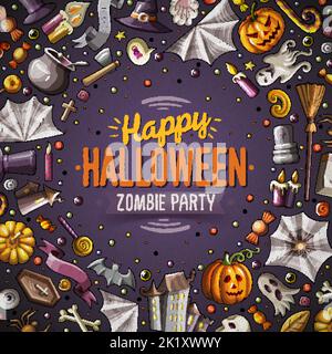 Cartoon digitale Kritzeleien Happy Halloween Frame Card Design Stock Vektor
