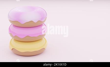 Gruppe von Cartoon-Donuts auf rosa Hintergrund, 3D Render Stockfoto