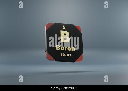 Schöne abstrakte Illustrationen stehen schwarz und rot Boron B 5 Element des Periodensystems. Modernes Design mit goldenen Elementen, 3D Rendering i Stockfoto