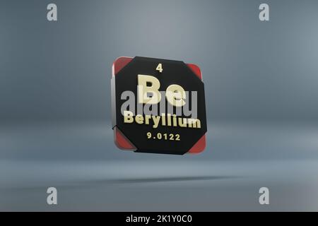 Schöne abstrakte Abbildungen stehen schwarz und rot Beryllium 4 werden Element des Periodensystems. Modernes Design mit goldenen Elementen, 3D Rendering Stockfoto