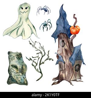 Halloween Set von niedlichen Haus, Geist Aquarell Illustration isoliert auf weiß. Mystischer Turm, Geisterhaus, Haken, Spinne, Stein von Hand gezeichnet. Design el Stockfoto