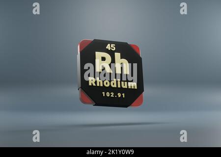 Schöne abstrakte Illustrationen stehen schwarz und rot Rhodium Element des Periodensystems. Modernes Design mit goldenen Elementen, 3D Rendering illus Stockfoto