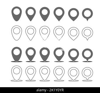 Satz kartografischer Symbole. Moderne Markierungen auf der Karte. Das Kontaktzeichen des Ortes. Vektorsymbol, flacher Stil Stock Vektor