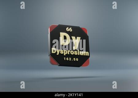 Schöne abstrakte Illustrationen stehen schwarz und rot Dysprosium Element des Periodensystems. Modernes Design mit goldenen Elementen, 3D Rendering il Stockfoto