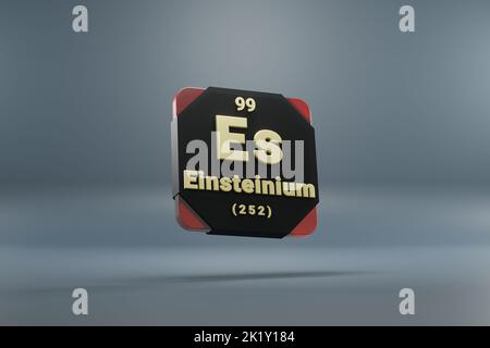 Schöne abstrakte Illustrationen stehen schwarz und rot Einsteinium Element des Periodensystems. Modernes Design mit goldenen Elementen, 3D Rendering i Stockfoto