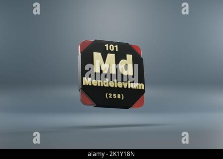 Schöne abstrakte Illustrationen stehen schwarz und rot Mendelevium Element des Periodensystems. Modernes Design mit goldenen Elementen, 3D Rendering i Stockfoto