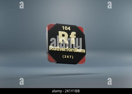 Schöne abstrakte Illustrationen stehen schwarz und rot Rutherfordium Element des Periodensystems. Modernes Design mit goldenen Elementen, 3D Rendering Stockfoto