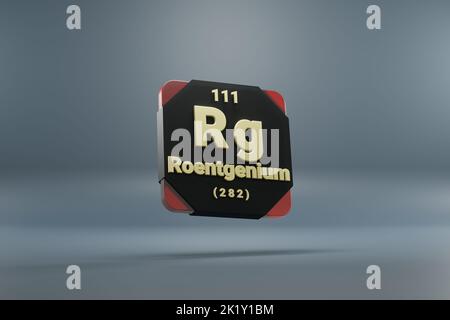 Schöne abstrakte Illustrationen stehen schwarz und rot Roentgenium Element des Periodensystems. Modernes Design mit goldenen Elementen, 3D Rendering i Stockfoto