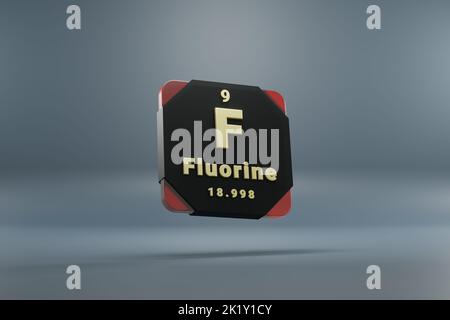 Schöne abstrakte Illustrationen stehen schwarz und rot Fluor Element des Periodensystems. Modernes Design mit goldenen Elementen, 3D Rendering illu Stockfoto