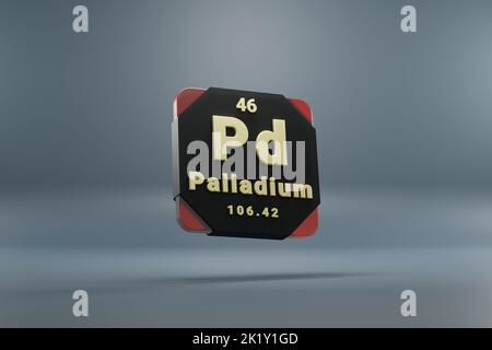 Schöne abstrakte Illustrationen stehen schwarz und rot Palladium Element des Periodensystems. Modernes Design mit goldenen Elementen, 3D Rendering ill Stockfoto