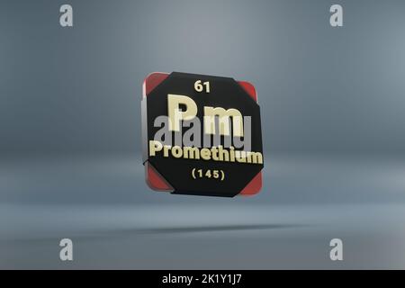 Schöne abstrakte Illustrationen stehen schwarz und rot Promethium Element des Periodensystems. Modernes Design mit goldenen Elementen, 3D Rendering il Stockfoto