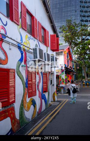 Farbenfrohe Gebäude und Wandmalereien in der Hji Lane, Kampong Glam, Singapur Stockfoto