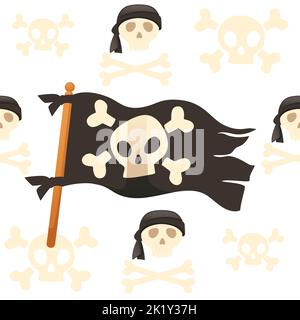 Nahtloses Muster Schwarze Farbe Piratenflagge mit Totenkopf und Knochen Vektor-Illustration auf weißem Hintergrund Stock Vektor