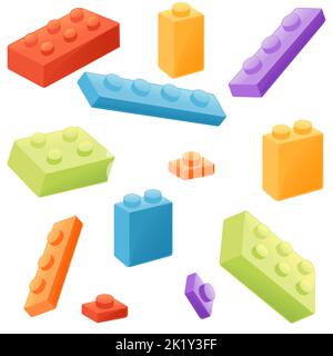 Nahtloses Muster von farbigen Ziegelstein Block Spielzeug verschiedenen Größen und Arten Vektor-Illustration auf weißem Hintergrund Stock Vektor