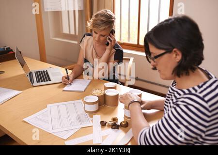 Sie werden unsere neuen Samples lieben. Eine kurze Aufnahme von zwei Frauen, die in einem Heimbüro arbeiten. Stockfoto