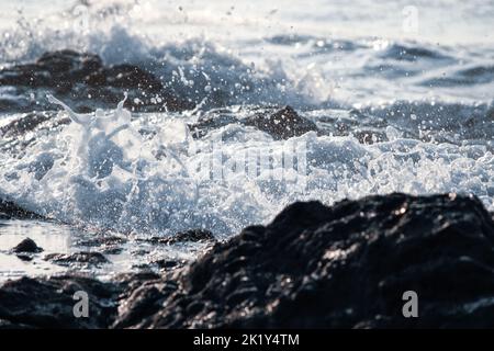 Eine Welle stürzt in das vulkanische Gestein, Pazifikküste, Costa Rica. Nahaufnahme der Wellenbewegung mit Betonung auf dem SPRITZER. Stockfoto