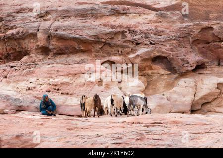 Petra, Jordanien - 14. September 2018: Eine Hirtin in Petra in der Nähe ihrer Ziegenherde. Stockfoto