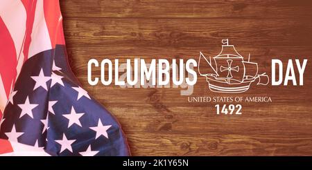 Happy Columbus Day Text und US-amerikanische Flagge. Stockfoto