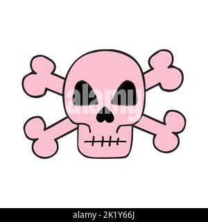 Vektor handgezeichnete Doodle Skizze rosa Schädel mit gekreuzten Knochen isoliert auf weißem Hintergrund Stock Vektor