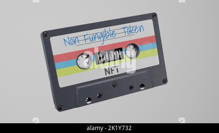 Nicht fungible Token-Kassette, die in der Luft vor einem weißen, isolierten Hintergrund schwimmt. NFT-Kassette, auf der NFT-Musik gespeichert ist. 3D Renderin Stockfoto