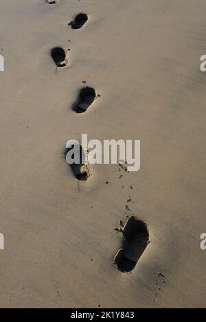 Fußspuren im Sand am Strand Stockfoto