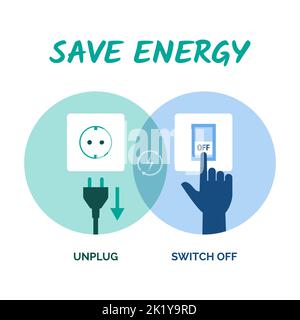 Tipps zum Energiesparen: Trennen Sie Geräte, wenn sie nicht in Gebrauch sind, und schalten Sie das Licht aus Stock Vektor