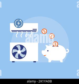Sparen Sie Geld bei den Kühlkosten: Klimaanlage und Münzen fallen in ein Sparschwein Stock Vektor