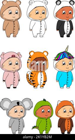 Stehende Baby Kind Cartoon mit Tier Pijama Illustration Pack im Vektor-Format Stock Vektor