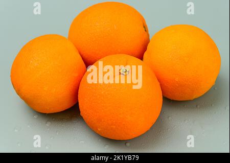 Vier ganze Orangen auf einem schlichten Hintergrund Stockfoto
