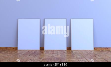 3 vertikaler Rahmen-Mockup auf einer weißgrauen Wand mit Holzboden 3D Render-Ilustration Stockfoto