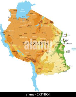 Sehr detaillierte physische Karte von Tansania im Vektorformat, mit allen Reliefformen, Regionen und großen Städten. Stock Vektor