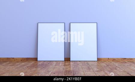 2 vertikaler Rahmen-Mockup auf einer weißgrauen Wand mit Holzboden 3D Render-Ilustration Stockfoto
